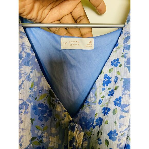 LC Lauren Conrad Floral Pleated Empire Waist Chiffon V Neck Midi Dress Blue 3X - Picture 8 of 12